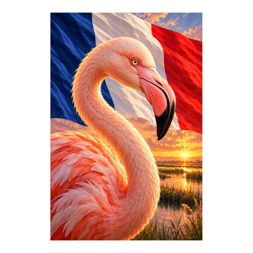 A pink flamingo standing in Camargue wetlands beneath a French tricolor sunset