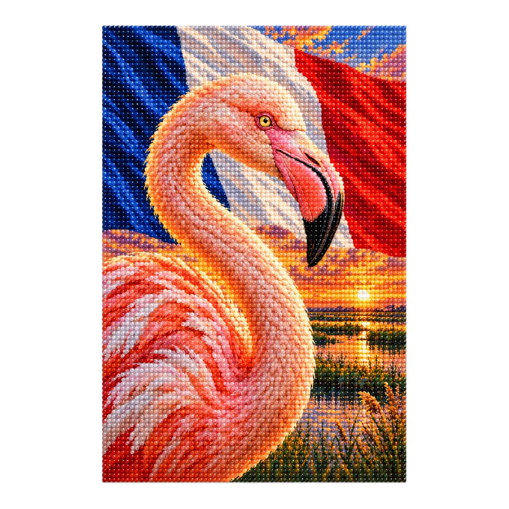 Finished diamond painting of a flamingo in the Camargue at sunset