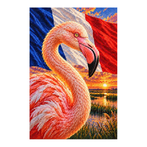 Finished diamond painting of a flamingo in the Camargue at sunset