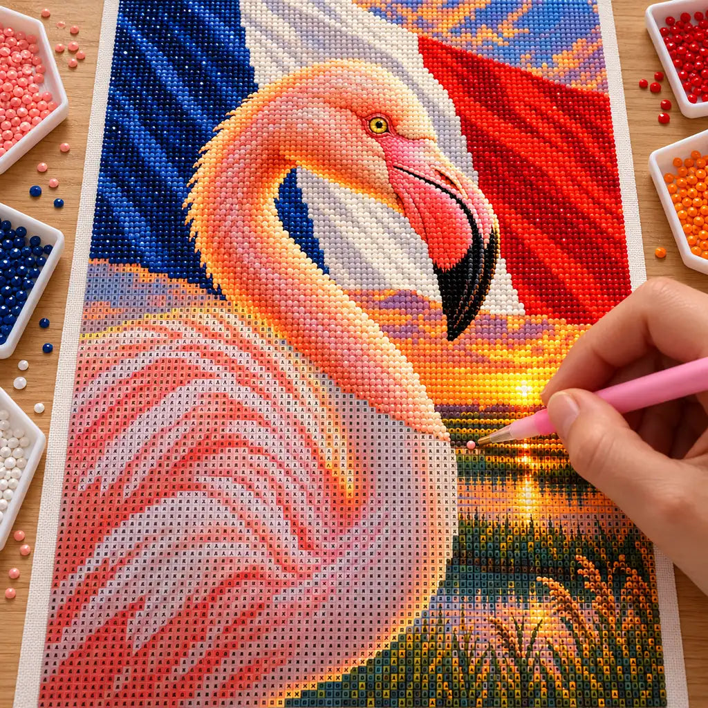 Hands placing drills on the Camargue flamingo diamond painting