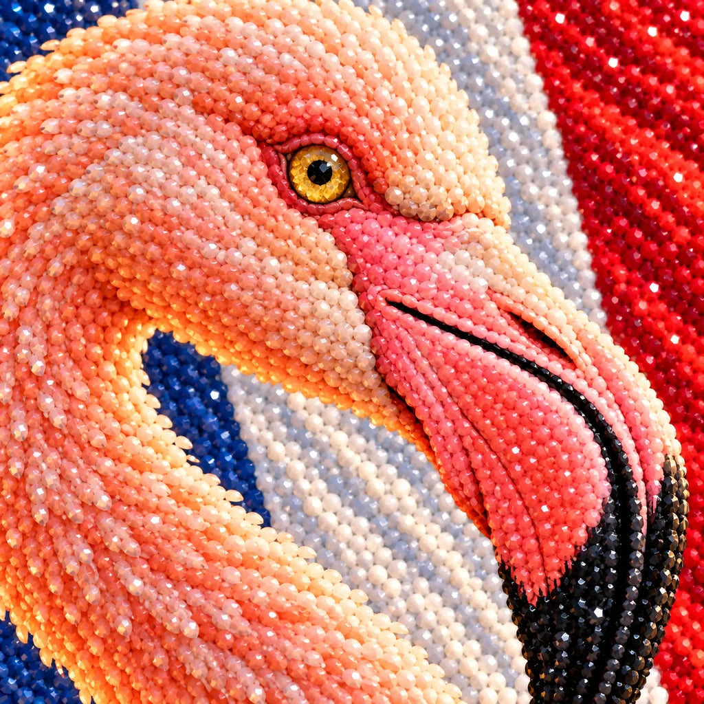 Close-up diamond drill detail of the pink flamingo and sunset wetland