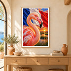 Framed Camargue flamingo sunset diamond painting displayed in a home
