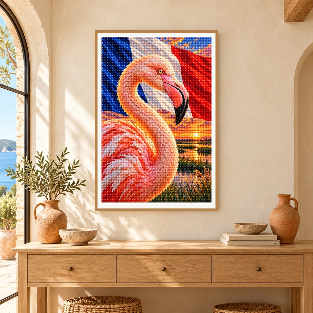 Framed Camargue flamingo sunset diamond painting displayed in a home