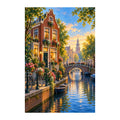 Original white-background artwork of a flower-covered brick canal house beside boats