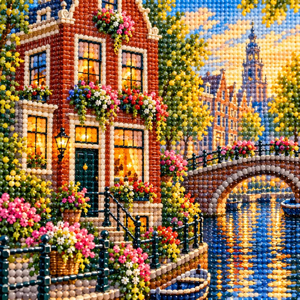 Close-up of diamond drills on the canal house flowers and canal water