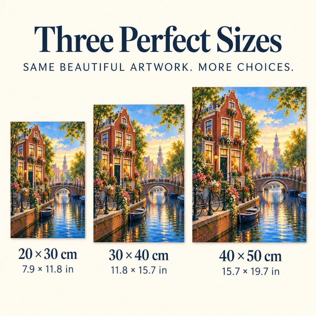 Canal house flower diamond painting shown in 20 by 30, 30 by 40, and 40 by 50 centimeter sizes