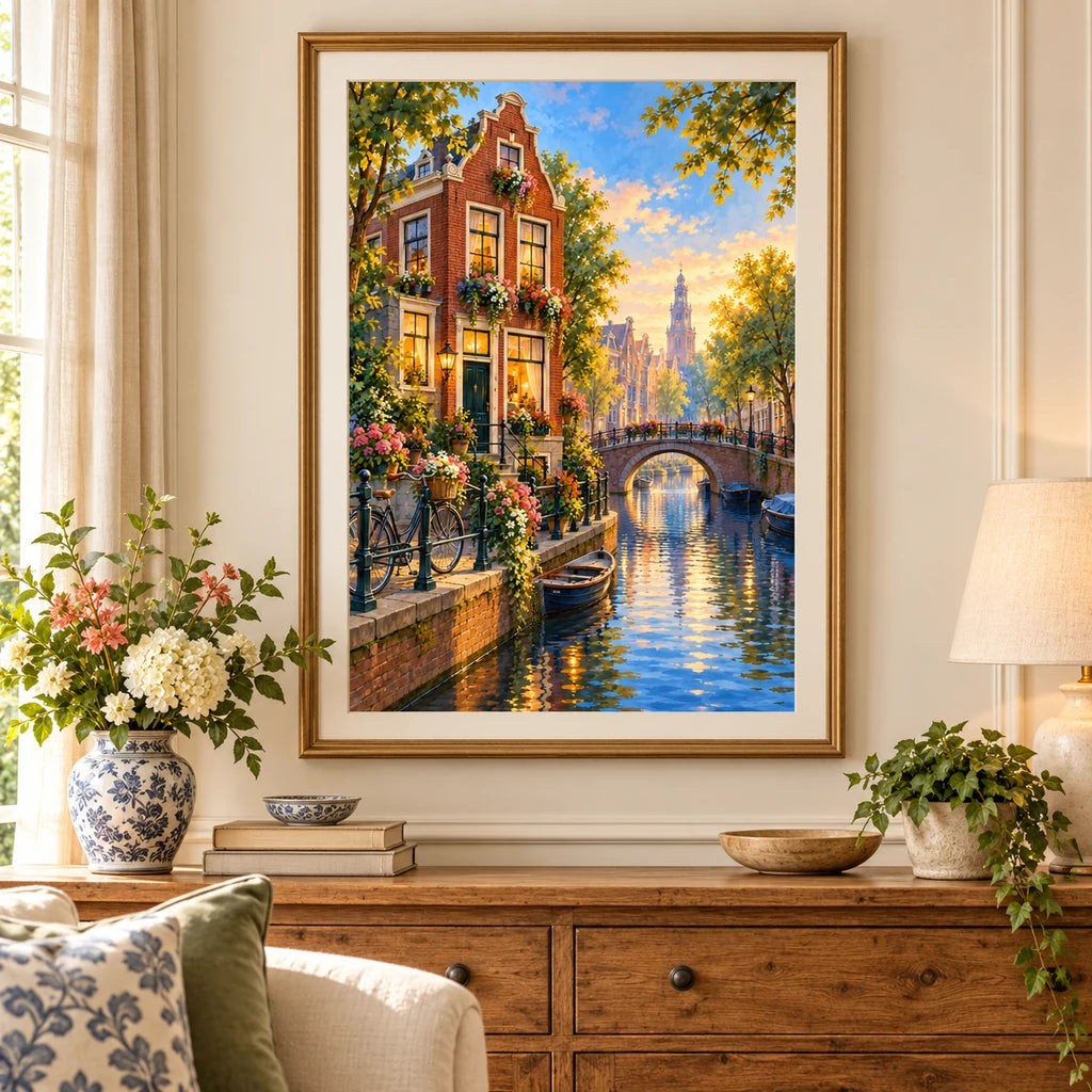 Flower-covered canal house diamond painting displayed in a home interior