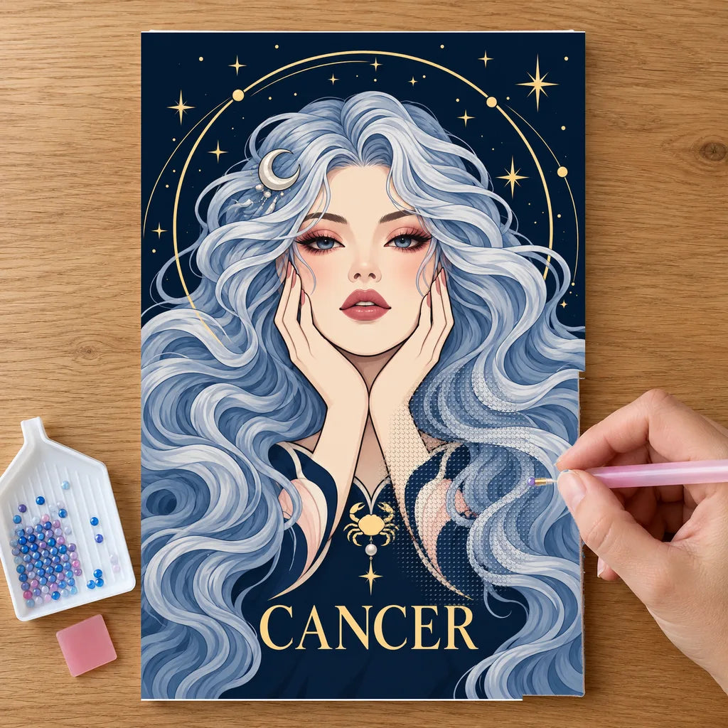 Hands placing drills on the Cancer Moon Tide Keeper diamond painting canvas