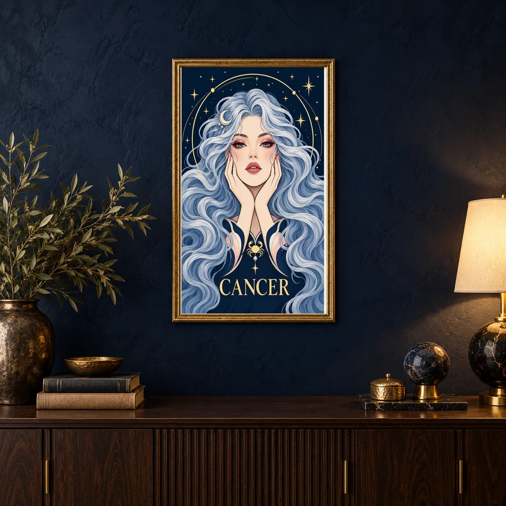 Framed Cancer Moon Tide Keeper diamond painting displayed in a home interior