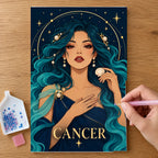 Hands placing drills on the Cancer Coral Shell Dreamer diamond painting canvas