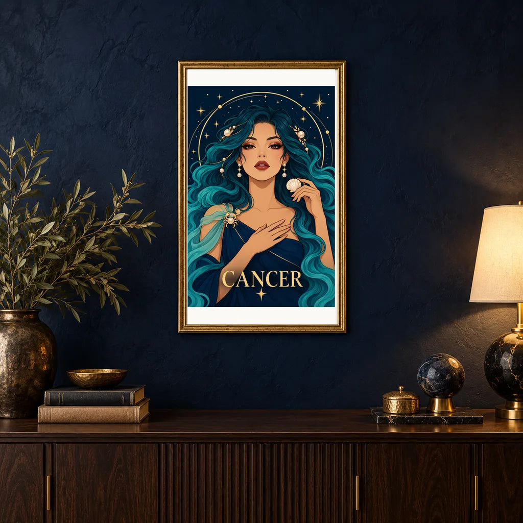 Framed Cancer Coral Shell Dreamer diamond painting displayed in a home interior