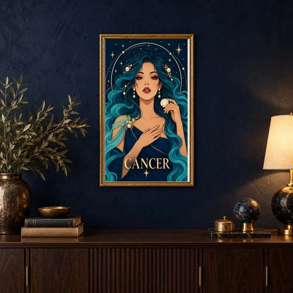 Framed Cancer Coral Shell Dreamer diamond painting displayed in a home interior
