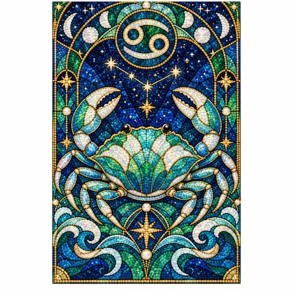Finished white-background diamond painting of the stained-glass Cancer crab