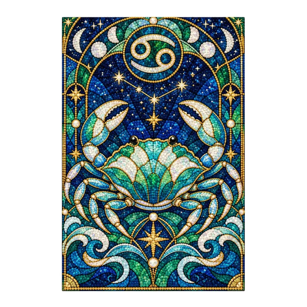 Finished white-background diamond painting of the stained-glass Cancer crab