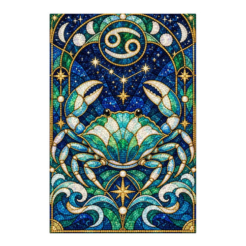 Finished white-background diamond painting of the stained-glass Cancer crab
