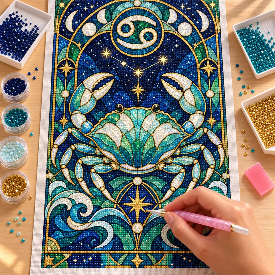 Hands applying drills to the stained-glass Cancer crab canvas