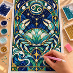 Hands applying drills to the stained-glass Cancer crab canvas
