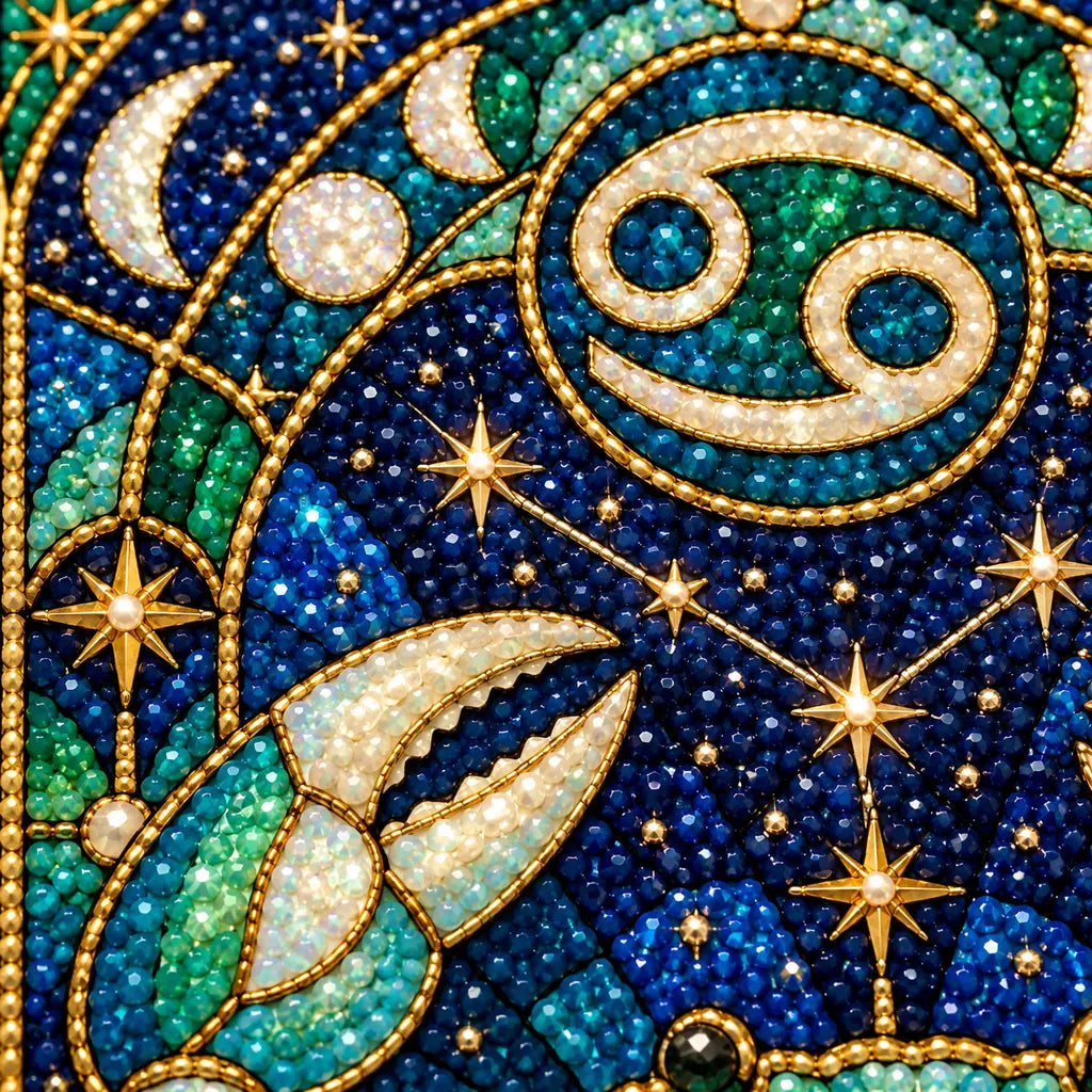 Close-up diamond drill detail on the Cancer crab stained-glass design