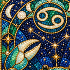 Close-up diamond drill detail on the Cancer crab stained-glass design