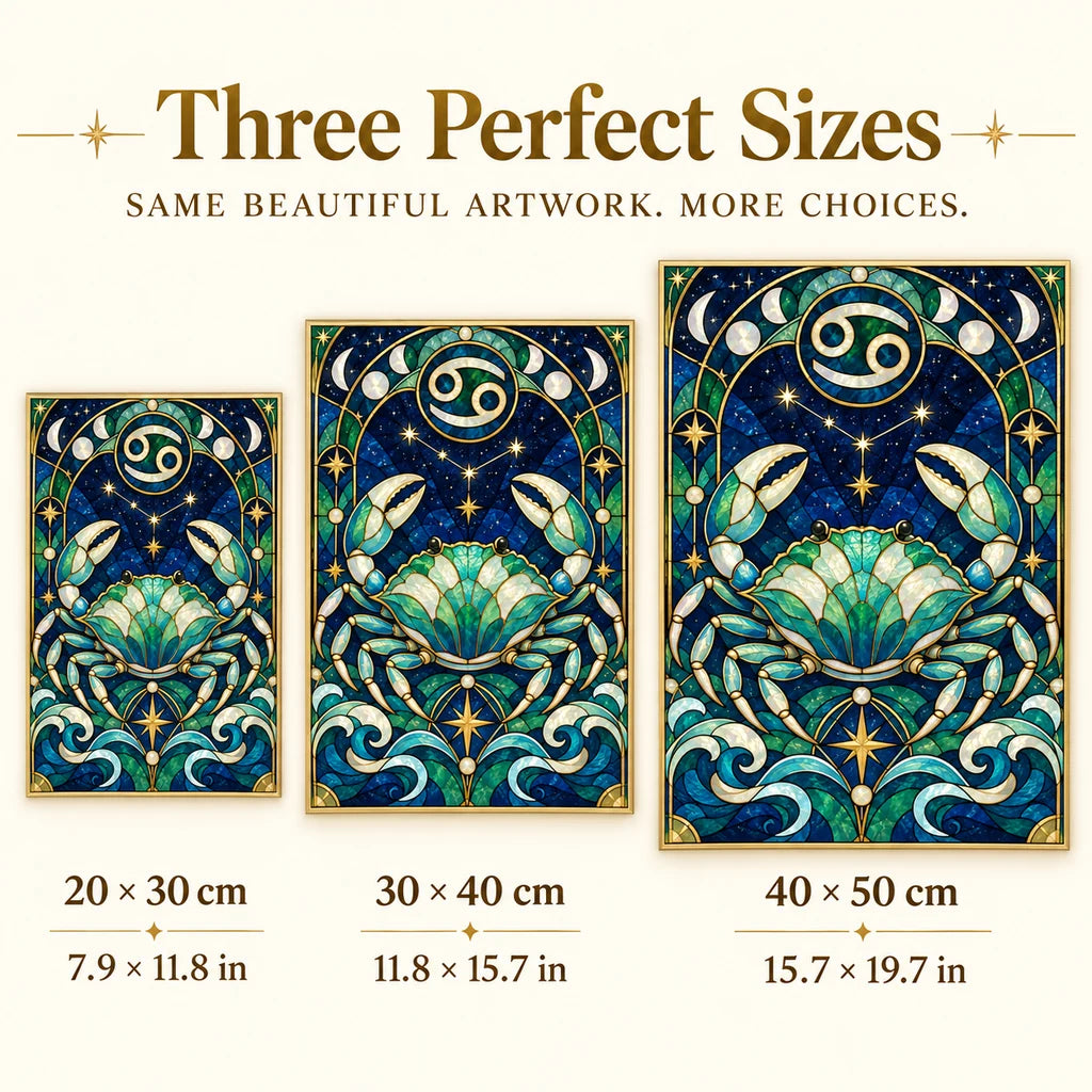 Cancer crab diamond painting size guide for 20 × 30 cm, 30 × 40 cm, and 40 × 50 cm