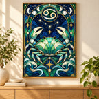 Framed stained-glass Cancer crab diamond painting displayed in a home interior