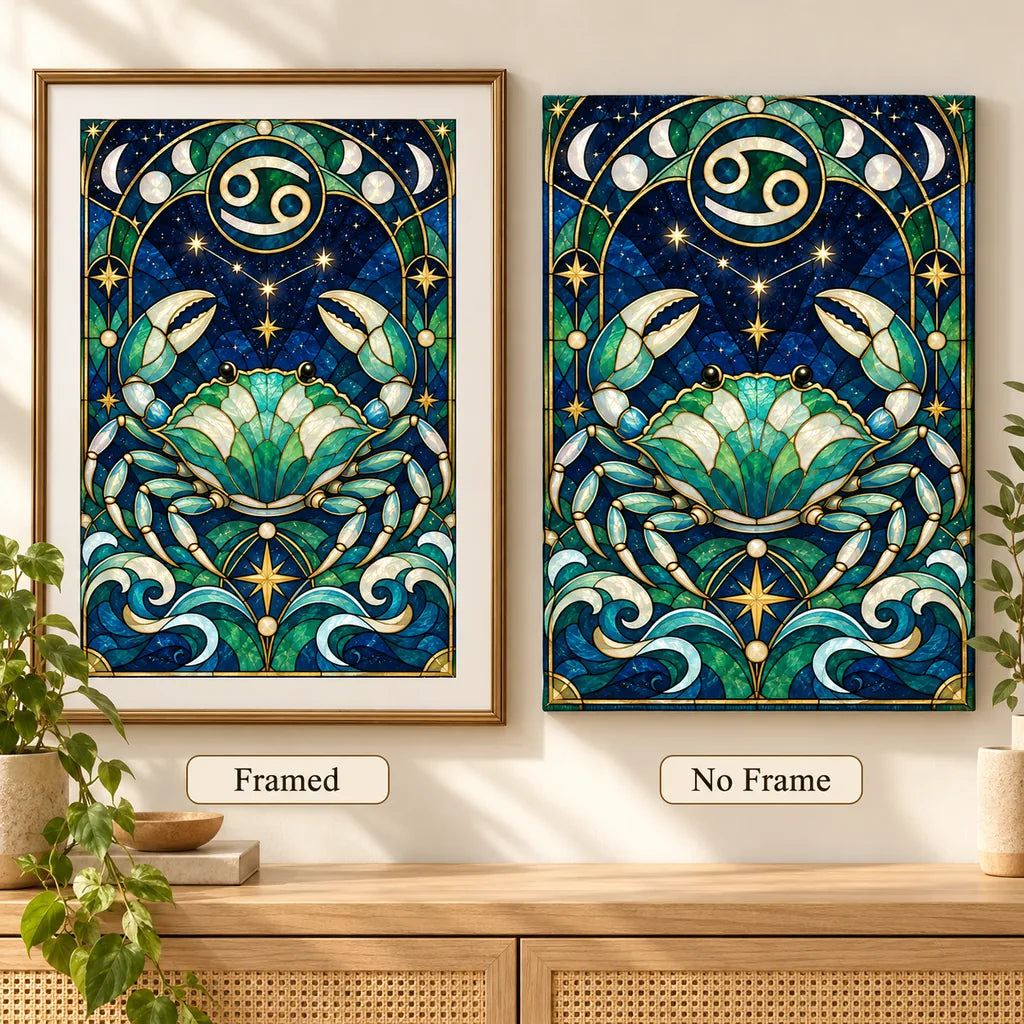 Framed and no-frame comparison of the stained-glass Cancer crab diamond painting