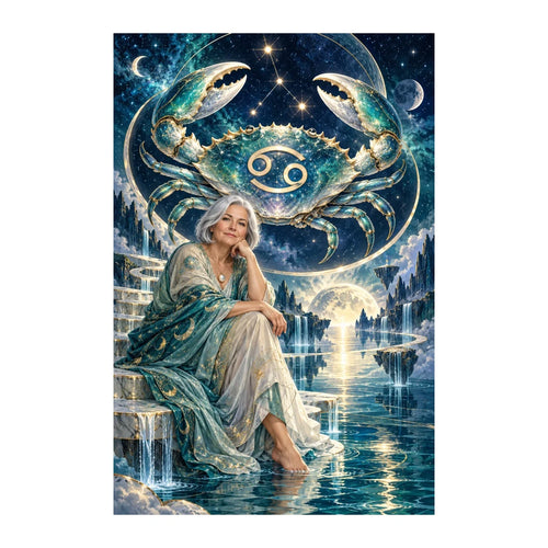 Original Cancer zodiac artwork showing a seated oracle beneath a glowing crab constellation over moonlit water.