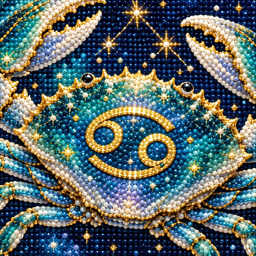 Close-up of sparkling crab constellation and jewel-like drills in the Cancer diamond painting.