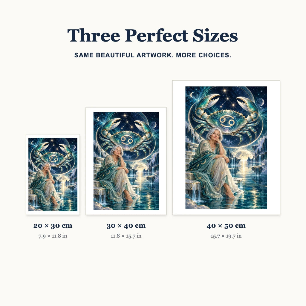 Cancer moonlit crab oracle diamond painting size guide for 20 × 30, 30 × 40, and 40 × 50 cm.