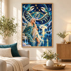Framed Cancer moonlit crab oracle diamond painting displayed in a living room.