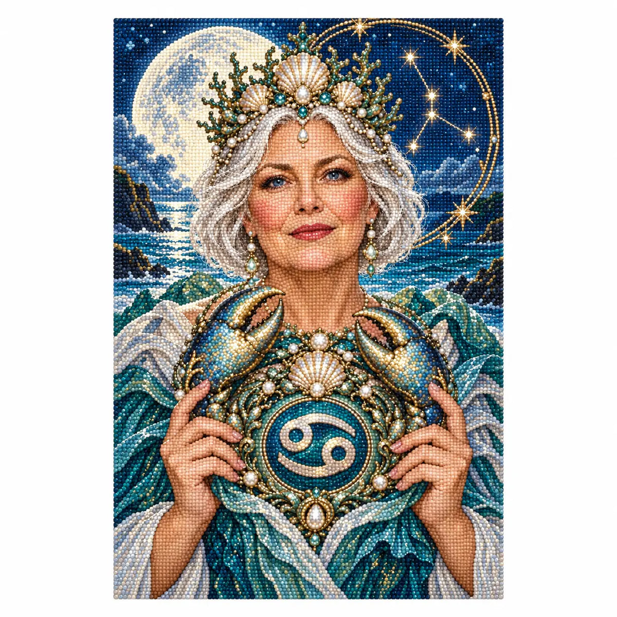 Finished white-background diamond painting of the Cancer zodiac design