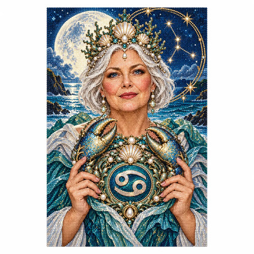 Finished white-background diamond painting of the Cancer zodiac design