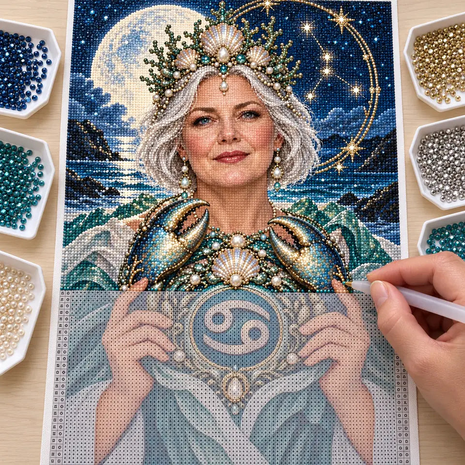 Hands applying diamond drills to the Cancer crab guardian canvas