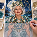 Hands applying diamond drills to the Cancer crab guardian canvas