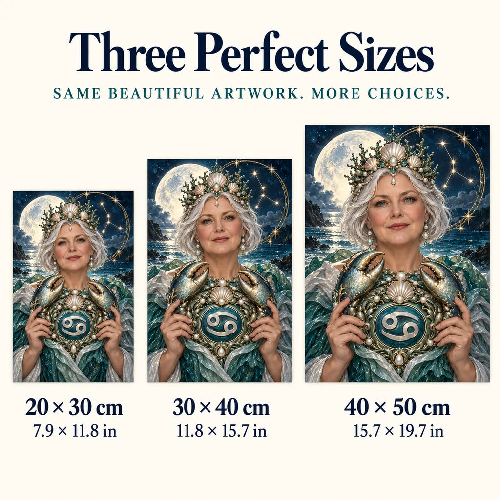 Cancer crab guardian diamond painting size guide for 20 by 30, 30 by 40, and 40 by 50 cm