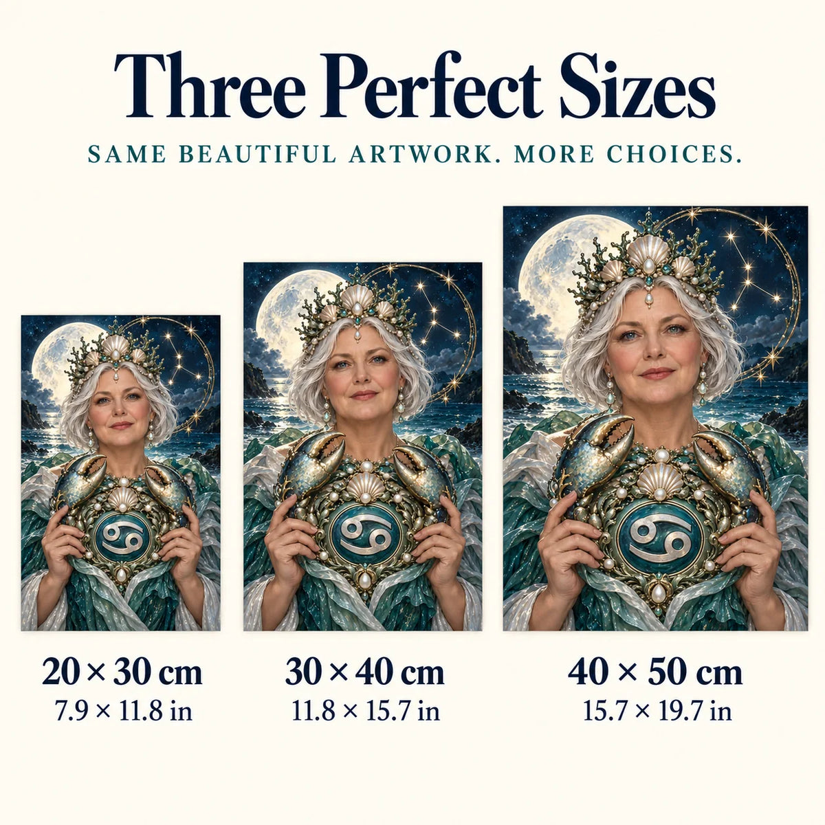 Cancer crab guardian diamond painting size guide for 20 by 30, 30 by 40, and 40 by 50 cm