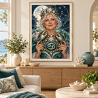 Framed Cancer crab guardian diamond painting displayed in a coastal living room