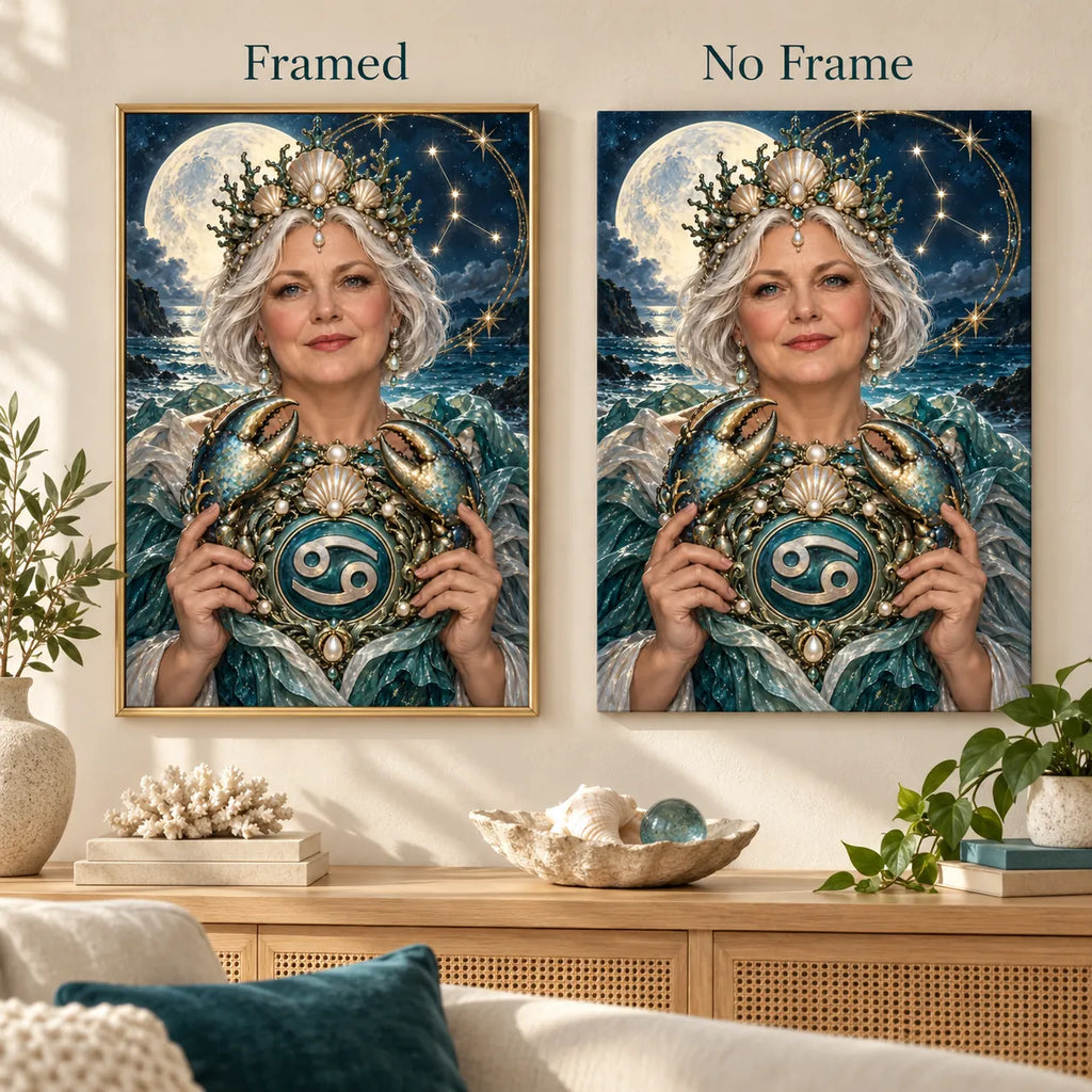 Framed and no-frame style comparison for the Cancer crab guardian diamond painting