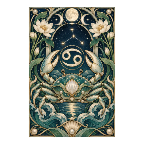 Original Cancer crab artwork with white lotus flowers, moon phases, and a zodiac constellation