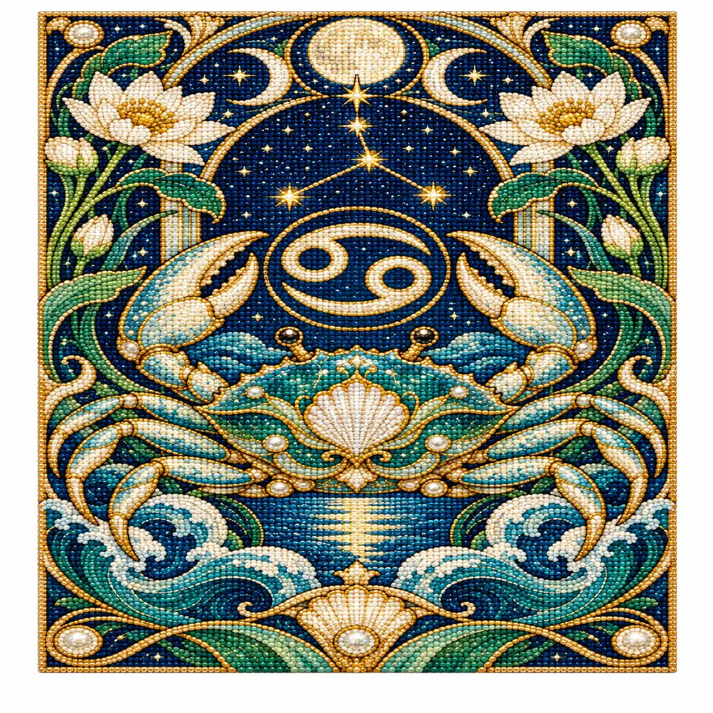 Finished Cancer crab diamond painting with lotus flowers, moon phases, and deep blue-green waves