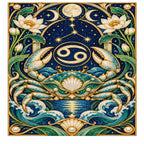 Finished Cancer crab diamond painting with lotus flowers, moon phases, and deep blue-green waves