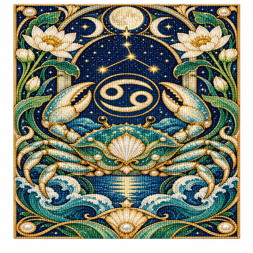 Finished Cancer crab diamond painting with lotus flowers, moon phases, and deep blue-green waves
