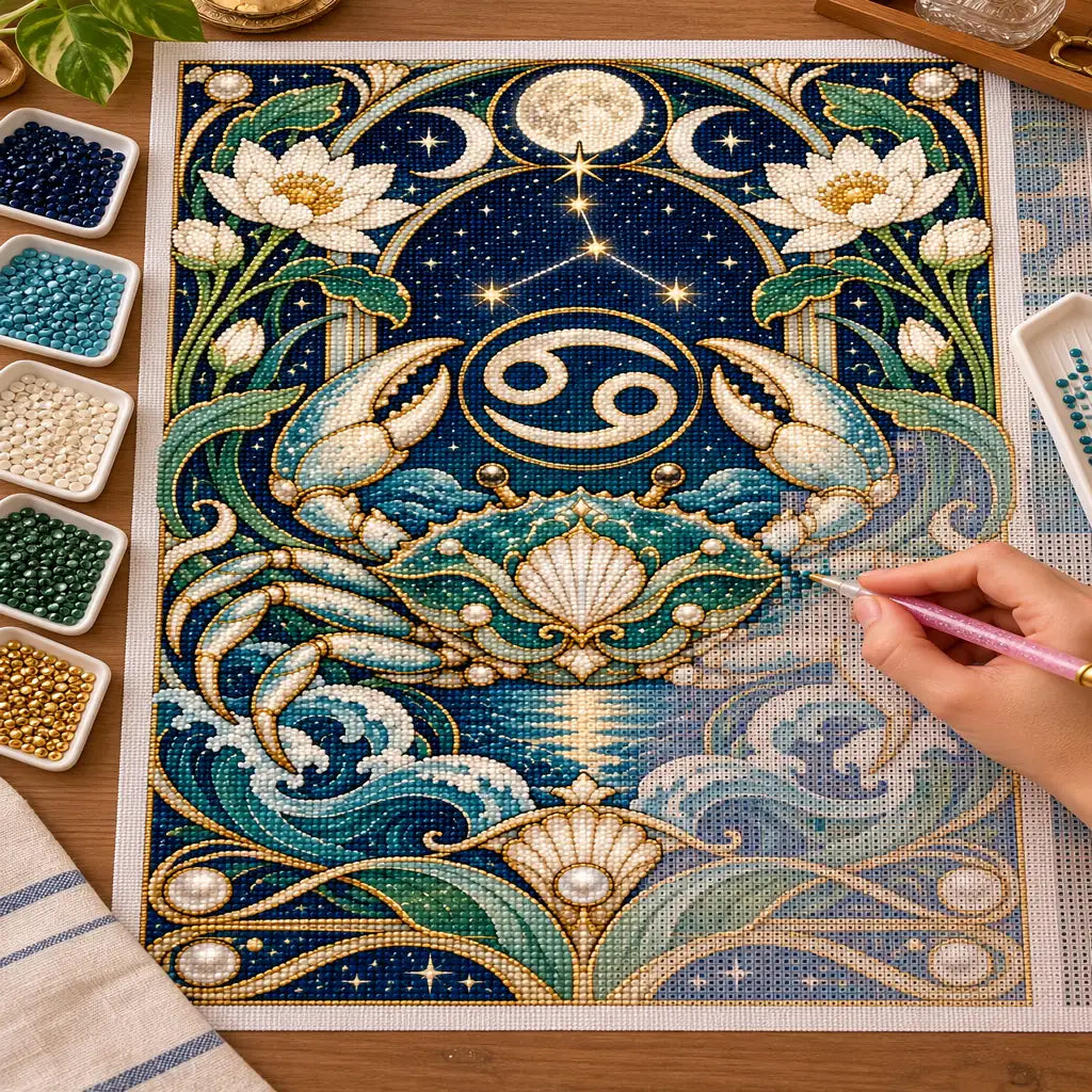 Hands applying drills to the Cancer crab and lotus diamond painting canvas