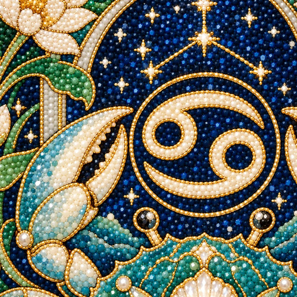 Close-up diamond drill detail on the Cancer zodiac symbol and crab artwork