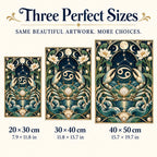 Cancer crab diamond painting size guide showing 20 × 30 cm, 30 × 40 cm, and 40 × 50 cm