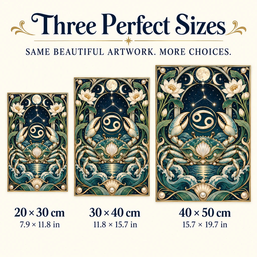 Cancer crab diamond painting size guide showing 20 × 30 cm, 30 × 40 cm, and 40 × 50 cm