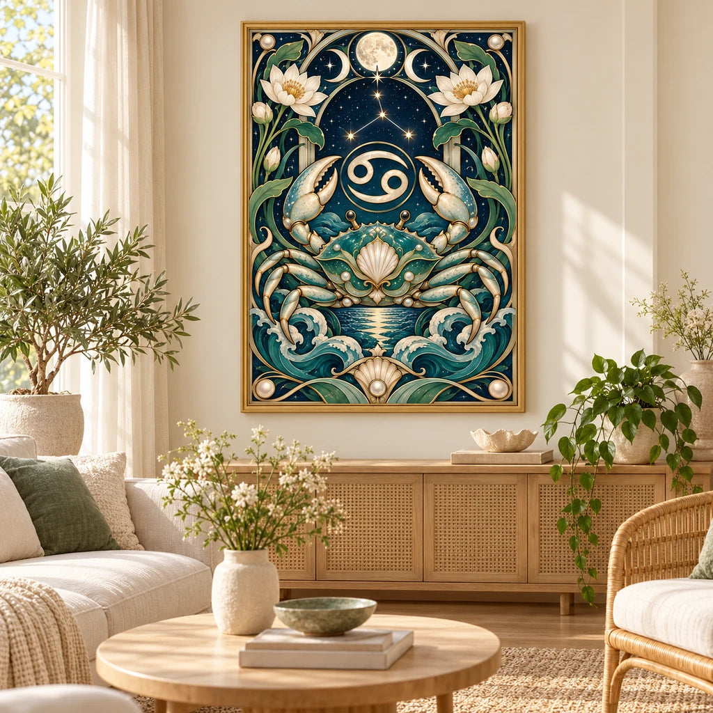 Framed Cancer crab and lotus diamond painting displayed in a calm home interior