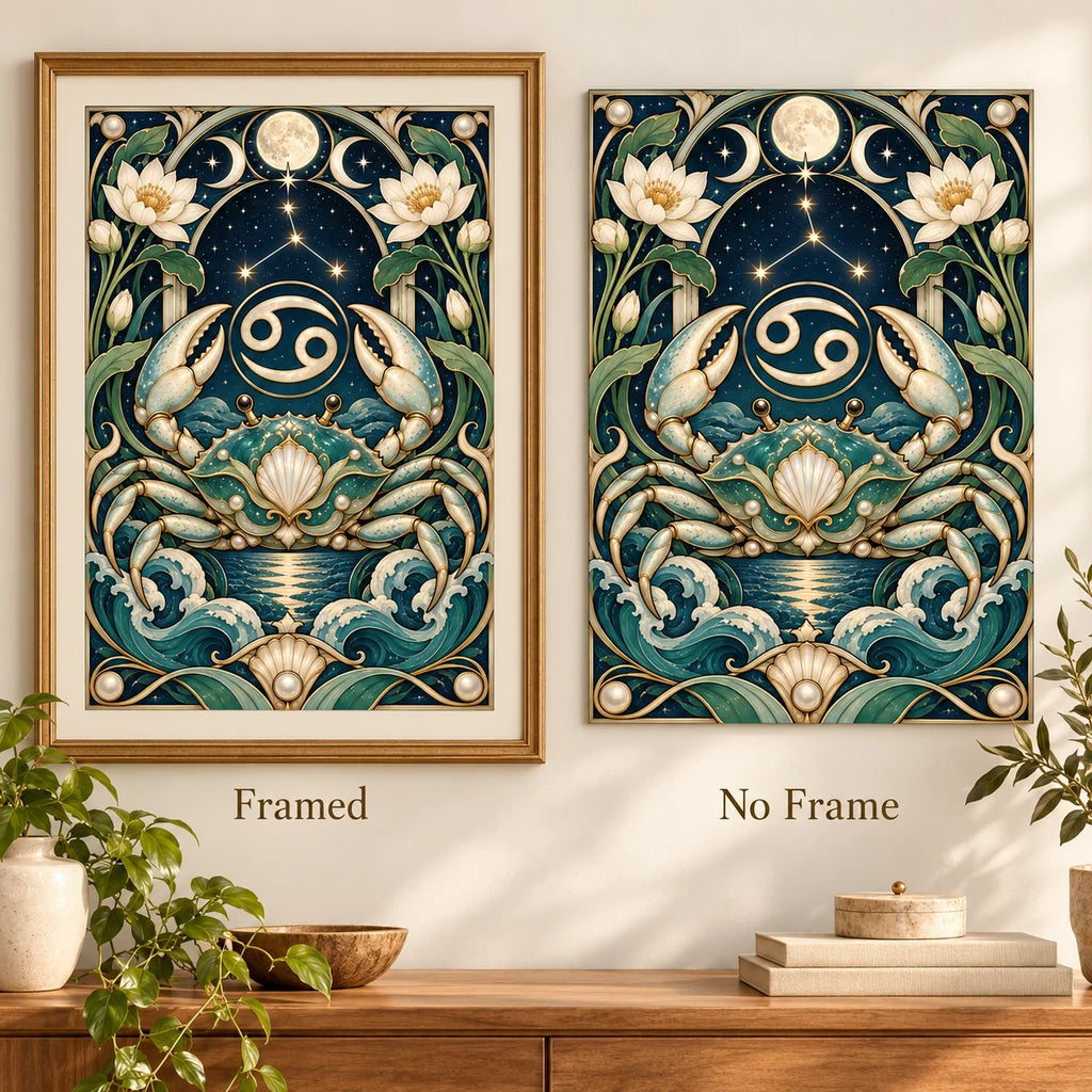 Framed and no-frame comparison of the Cancer crab and lotus diamond painting