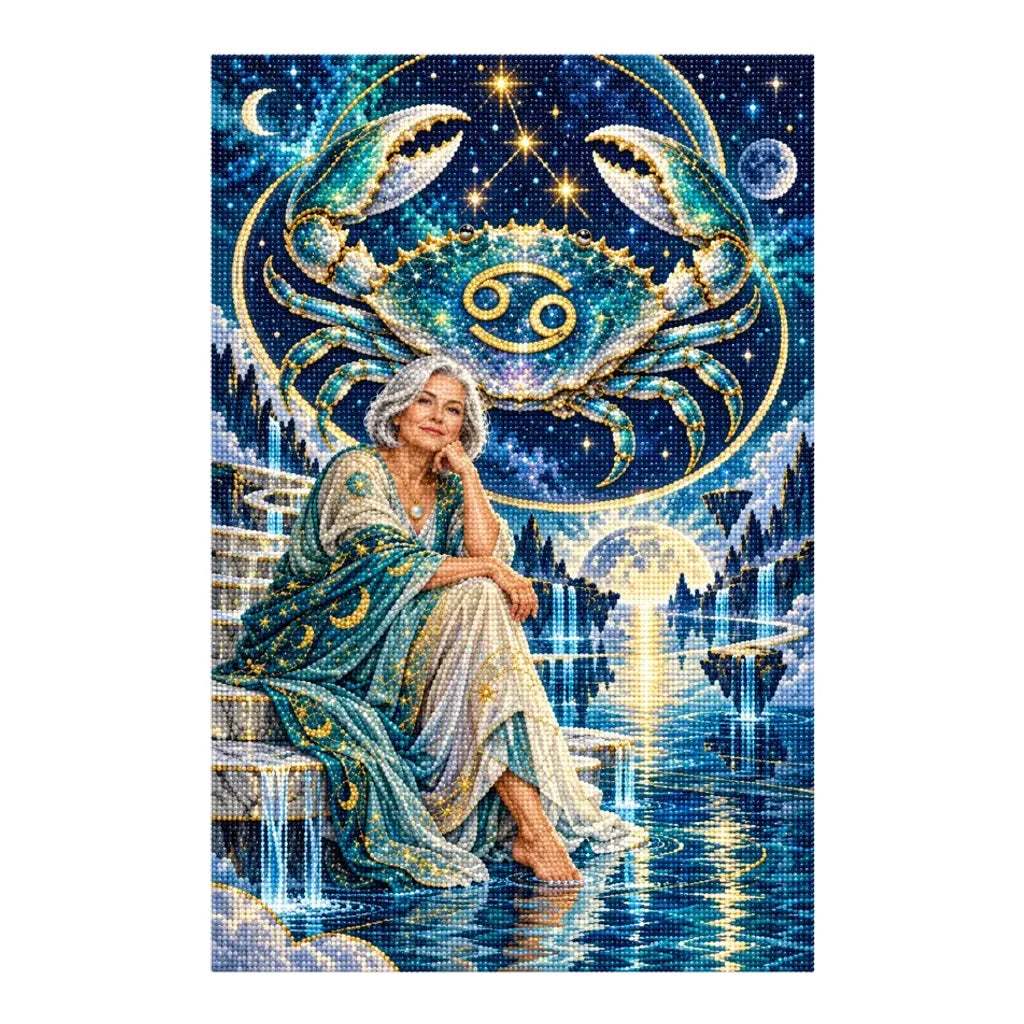 Diamond painting version of the Cancer moonlit crab oracle artwork on a white background.