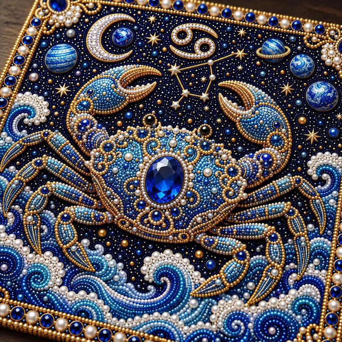 Close-up of glossy pearls and printed canvas in the cancer design